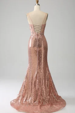 Sereia de ouro rosa frisado ruched lantejoulas espartilho vestido de baile com fenda lateral