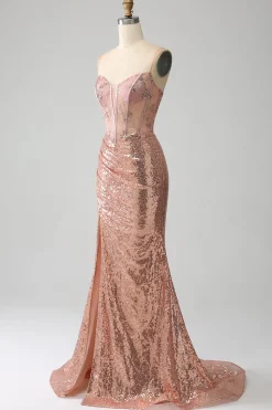 Sereia de ouro rosa frisado ruched lantejoulas espartilho vestido de baile com fenda lateral