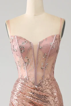 Sereia de ouro rosa frisado ruched lantejoulas espartilho vestido de baile com fenda lateral