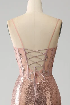 Sereia de ouro rosa frisado ruched lantejoulas espartilho vestido de baile com fenda lateral