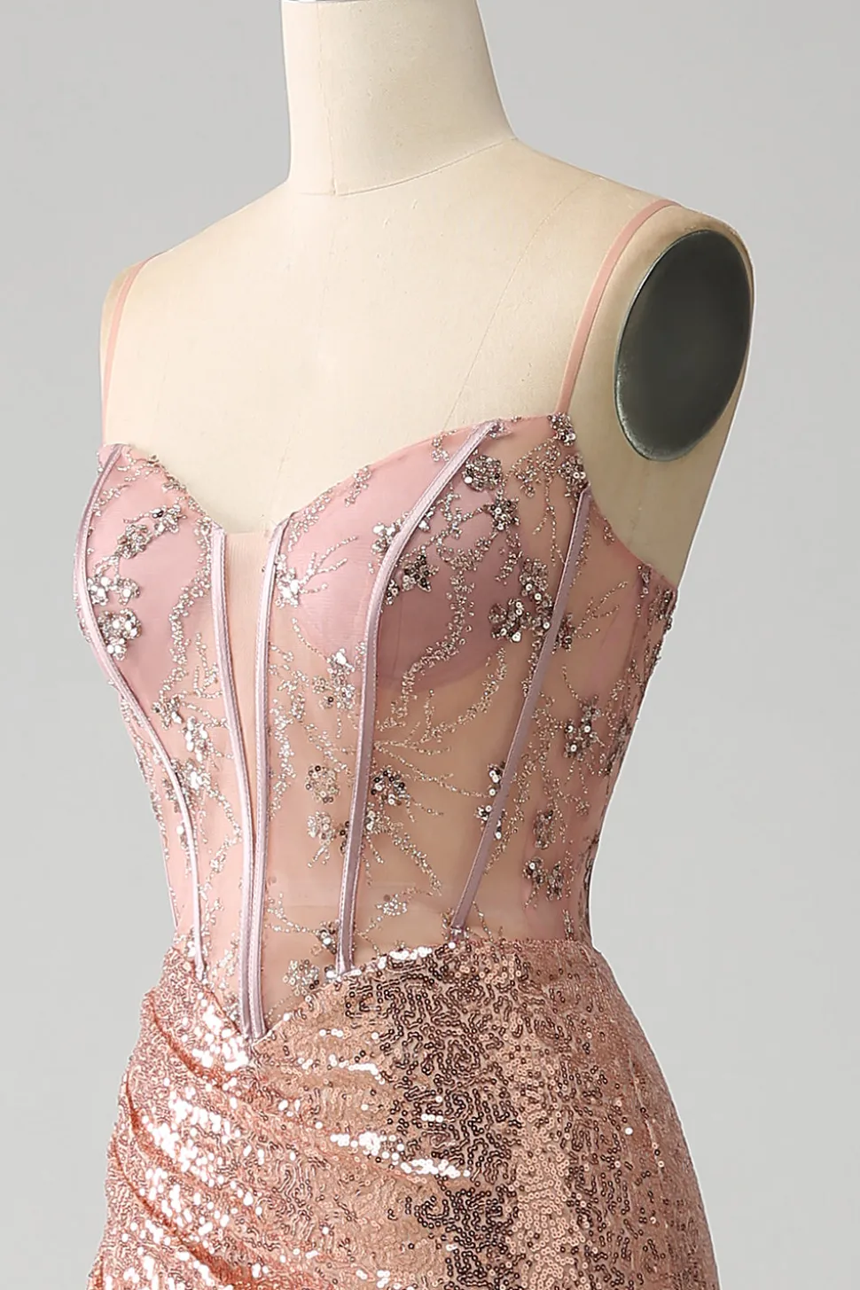 Sereia de ouro rosa frisado ruched lantejoulas espartilho vestido de baile com fenda lateral
