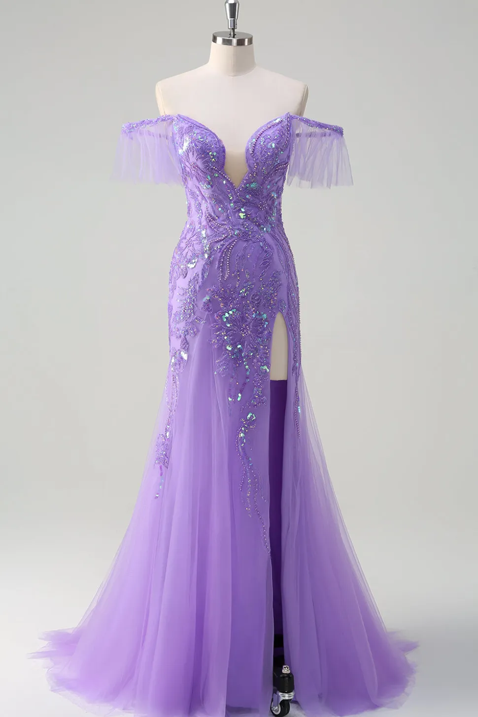 Sereia de tule roxo brilhante fora do ombro Vestido de baile de lantejoulas com fenda