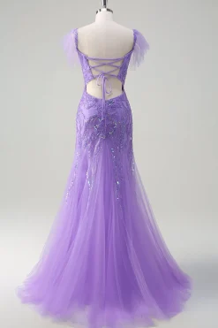 Sereia de tule roxo brilhante fora do ombro Vestido de baile de lantejoulas com fenda