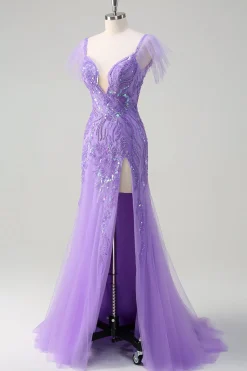 Sereia de tule roxo brilhante fora do ombro Vestido de baile de lantejoulas com fenda