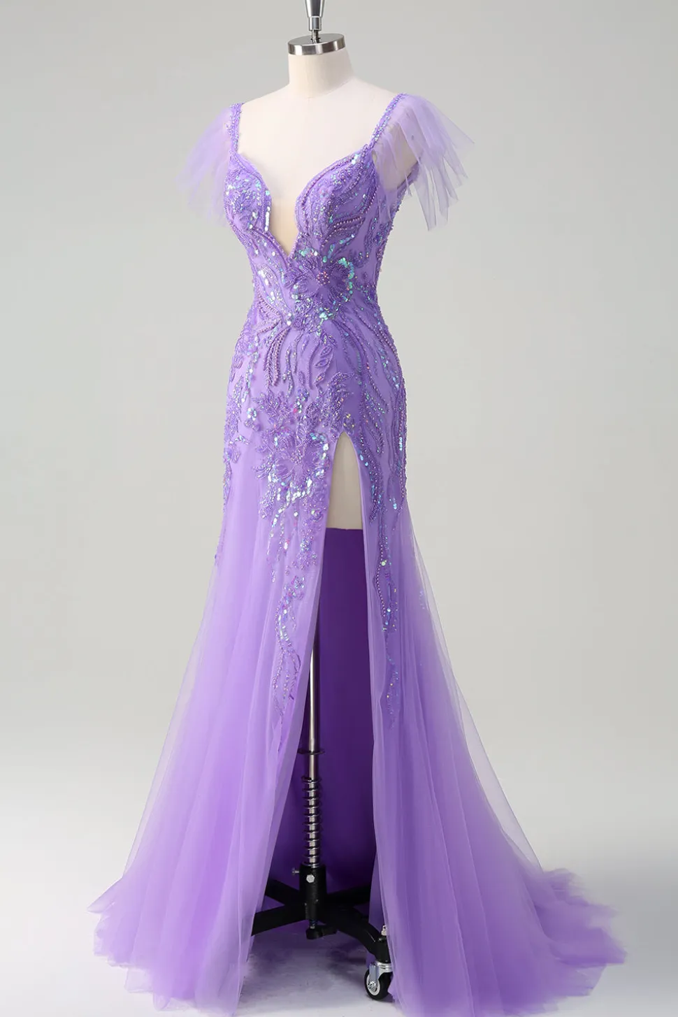 Sereia de tule roxo brilhante fora do ombro Vestido de baile de lantejoulas com fenda