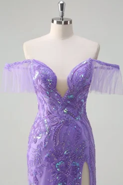 Sereia de tule roxo brilhante fora do ombro Vestido de baile de lantejoulas com fenda