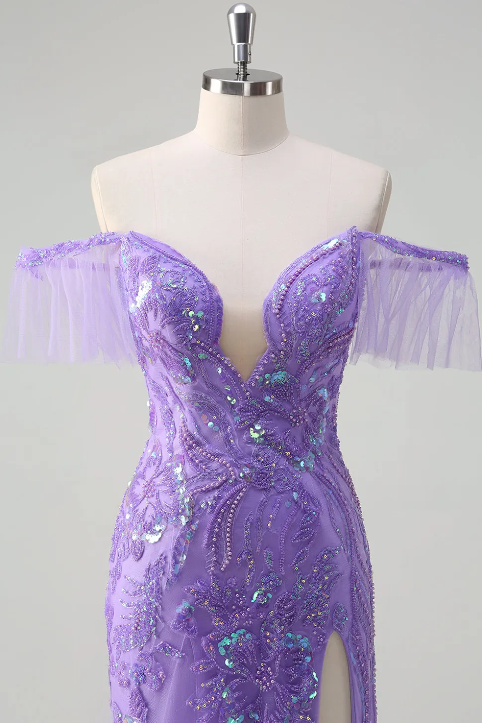 Sereia de tule roxo brilhante fora do ombro Vestido de baile de lantejoulas com fenda
