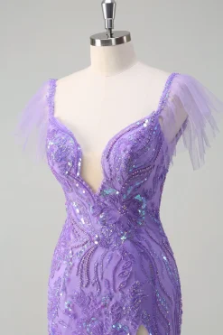 Sereia de tule roxo brilhante fora do ombro Vestido de baile de lantejoulas com fenda
