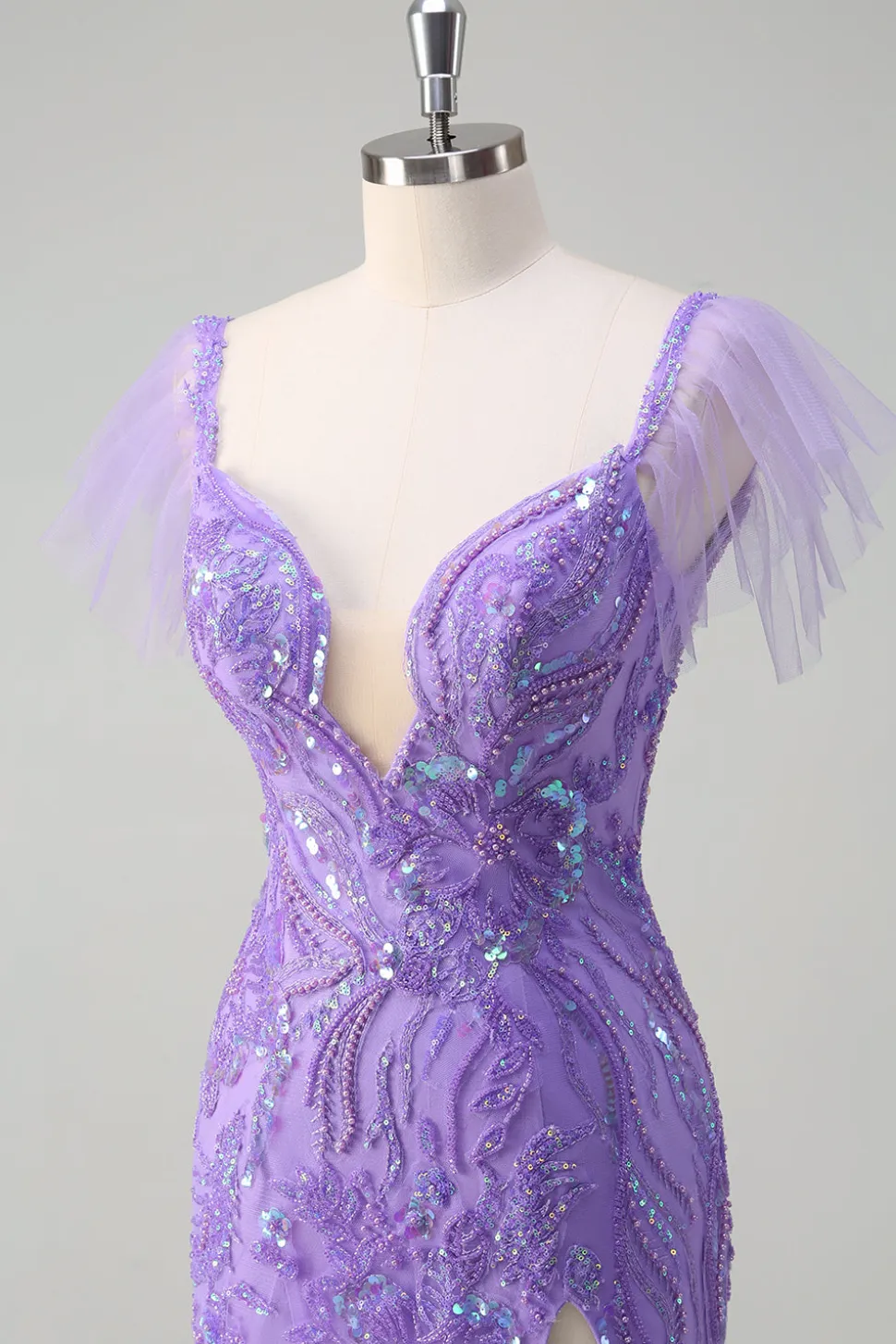 Sereia de tule roxo brilhante fora do ombro Vestido de baile de lantejoulas com fenda