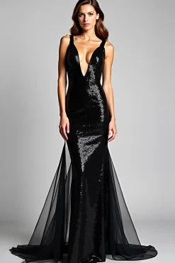 Sereia Deep V-Neck Black Tie Dress com Fenda