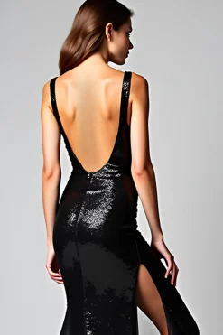 Sereia Deep V-Neck Black Tie Dress com Fenda