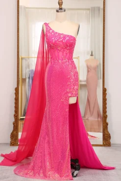 Sereia deslumbrante um ombro Fuchsia Sequins longo vestido de baile com fenda