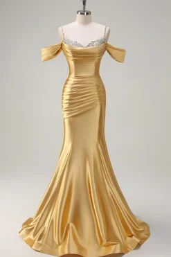 Sereia Dourada Brilhante Ombro Frio Sequined Ruched Cetim Long Prom Dress