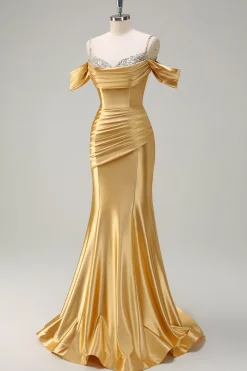 Sereia Dourada Brilhante Ombro Frio Sequined Ruched Cetim Long Prom Dress