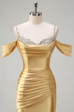 Sereia Dourada Brilhante Ombro Frio Sequined Ruched Cetim Long Prom Dress