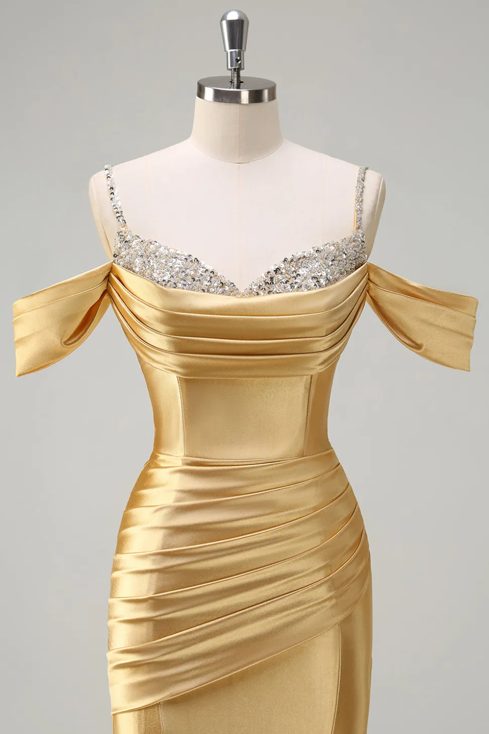 Sereia Dourada Brilhante Ombro Frio Sequined Ruched Cetim Long Prom Dress