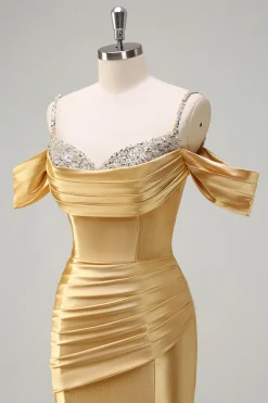 Sereia Dourada Brilhante Ombro Frio Sequined Ruched Cetim Long Prom Dress