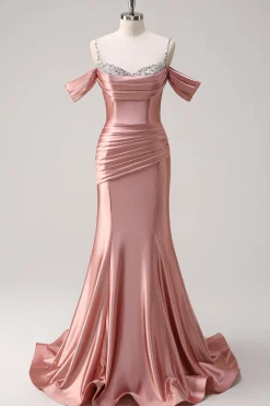 Sereia Dourada Brilhante Ombro Frio Sequined Ruched Cetim Long Prom Dress