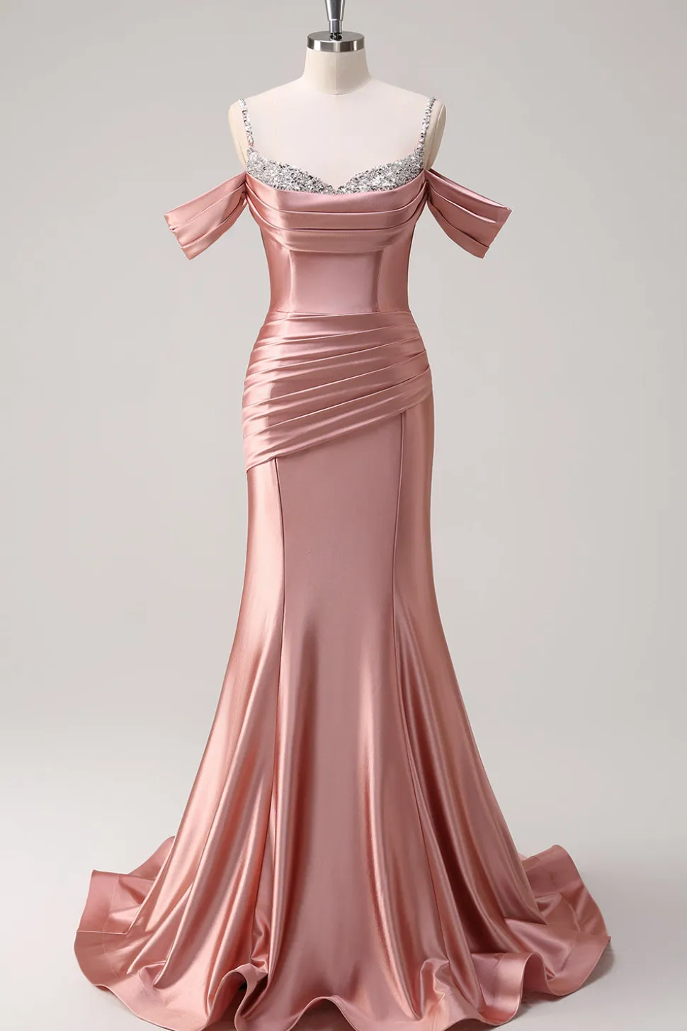 Sereia Dourada Brilhante Ombro Frio Sequined Ruched Cetim Long Prom Dress