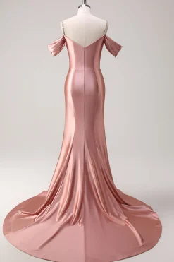 Sereia Dourada Brilhante Ombro Frio Sequined Ruched Cetim Long Prom Dress