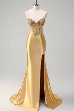 Sereia Dourada Brilhante Esparguete Correias Corset Longo Vestido de Baile com Fenda