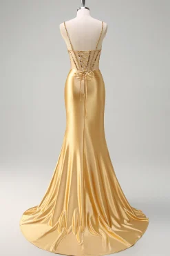 Sereia Dourada Brilhante Esparguete Correias Corset Longo Vestido de Baile com Fenda