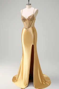 Sereia Dourada Brilhante Esparguete Correias Corset Longo Vestido de Baile com Fenda