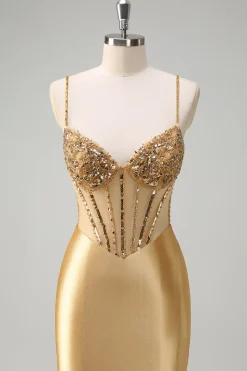 Sereia Dourada Brilhante Esparguete Correias Corset Longo Vestido de Baile com Fenda