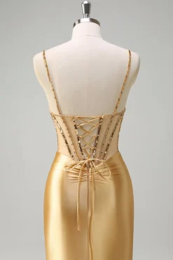 Sereia Dourada Brilhante Esparguete Correias Corset Longo Vestido de Baile com Fenda