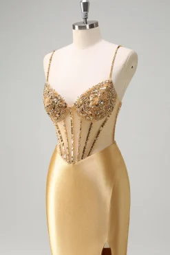 Sereia Dourada Brilhante Esparguete Correias Corset Longo Vestido de Baile com Fenda