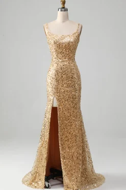 Sereia Dourada Esparguete Correias Sequined Prom Dress Com Fenda