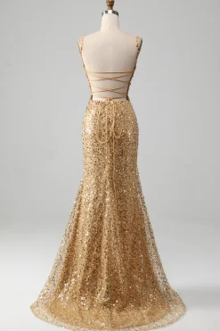 Sereia Dourada Esparguete Correias Sequined Prom Dress Com Fenda