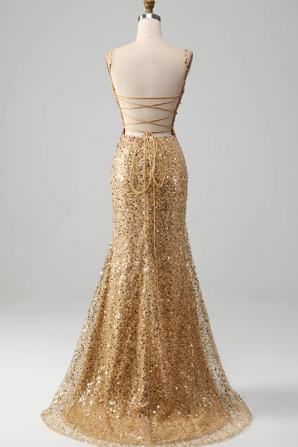 Sereia Dourada Esparguete Correias Sequined Prom Dress Com Fenda