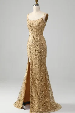 Sereia Dourada Esparguete Correias Sequined Prom Dress Com Fenda