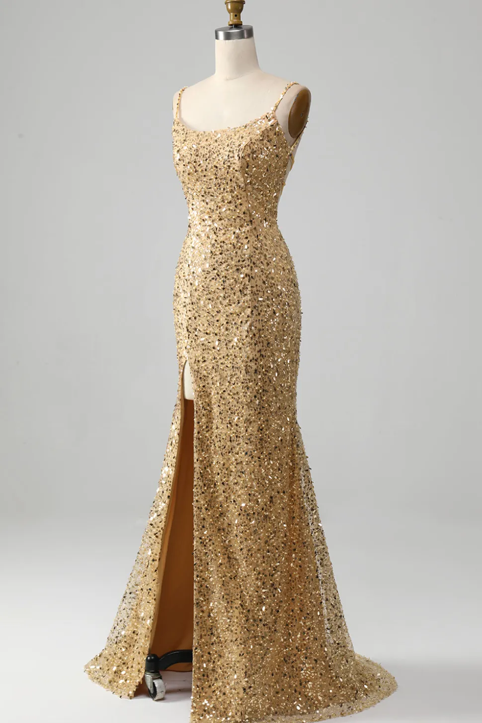 Sereia Dourada Esparguete Correias Sequined Prom Dress Com Fenda