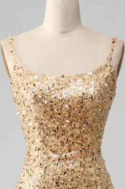 Sereia Dourada Esparguete Correias Sequined Prom Dress Com Fenda