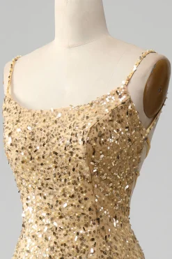 Sereia Dourada Esparguete Correias Sequined Prom Dress Com Fenda