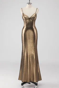 Sereia Dourada Esparguete Correias Frisado Vestido Formal Longo