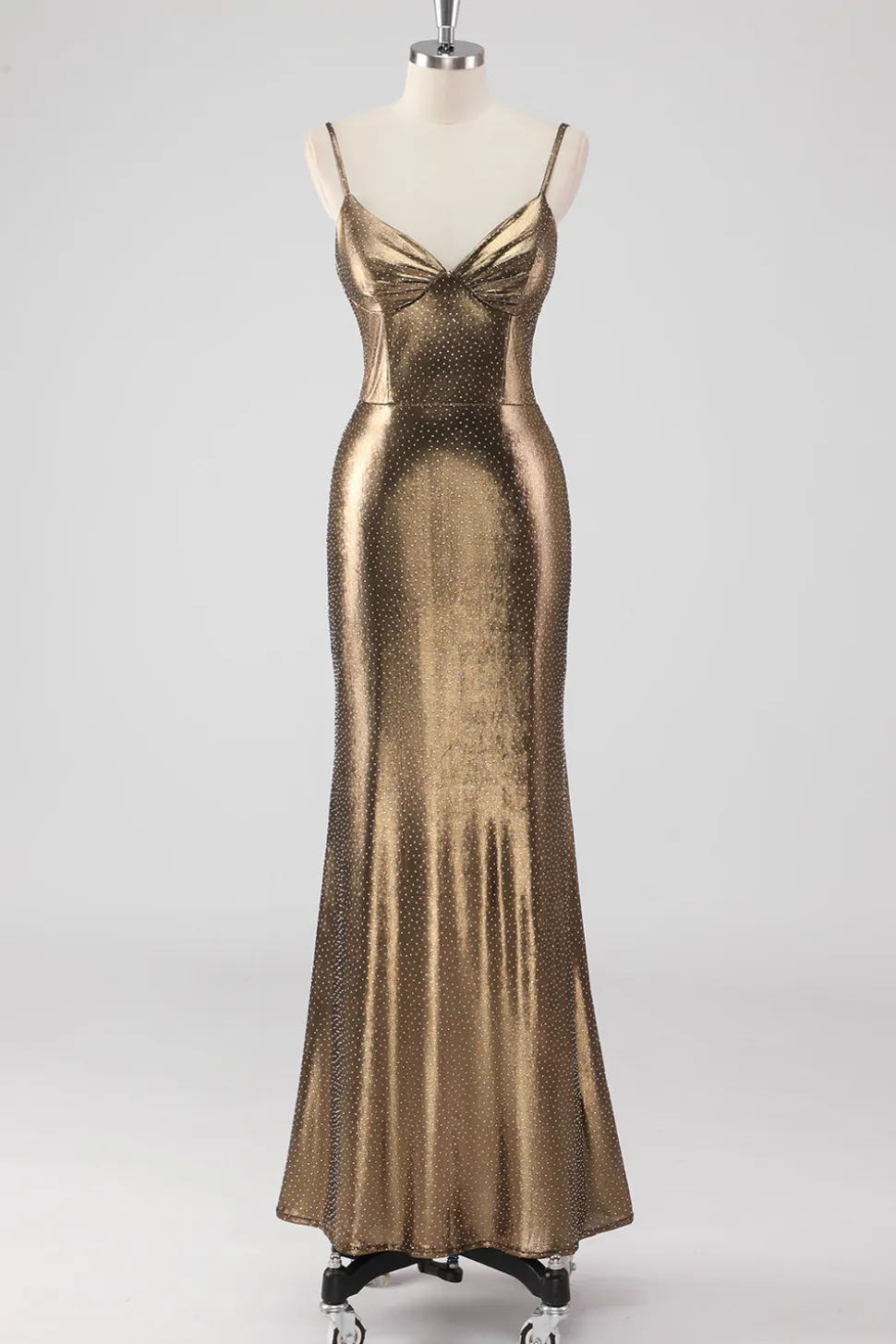 Sereia Dourada Esparguete Correias Frisado Vestido Formal Longo