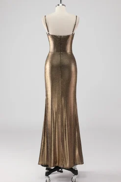 Sereia Dourada Esparguete Correias Frisado Vestido Formal Longo