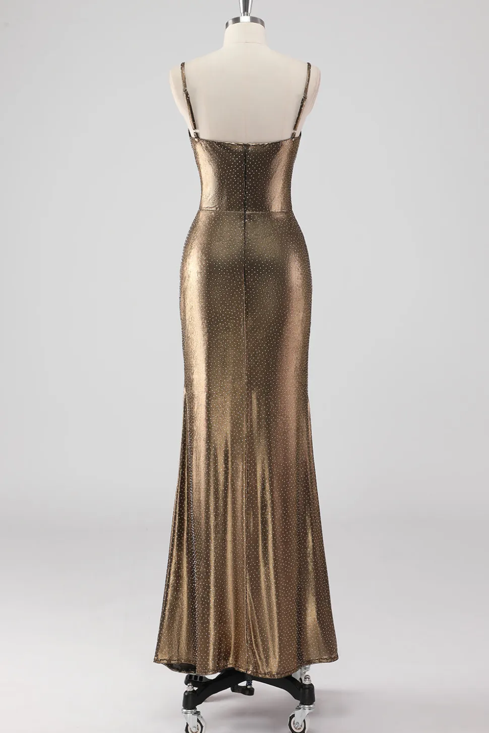 Sereia Dourada Esparguete Correias Frisado Vestido Formal Longo