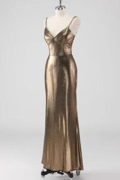 Sereia Dourada Esparguete Correias Frisado Vestido Formal Longo