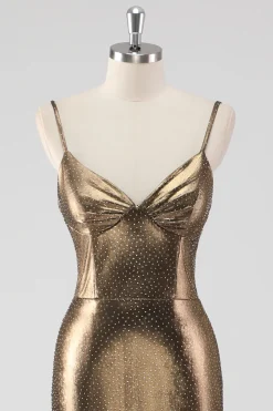 Sereia Dourada Esparguete Correias Frisado Vestido Formal Longo