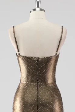 Sereia Dourada Esparguete Correias Frisado Vestido Formal Longo