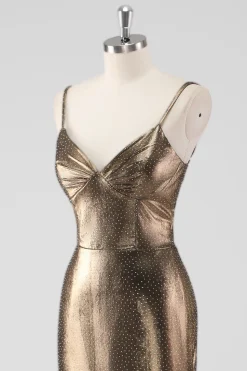 Sereia Dourada Esparguete Correias Frisado Vestido Formal Longo