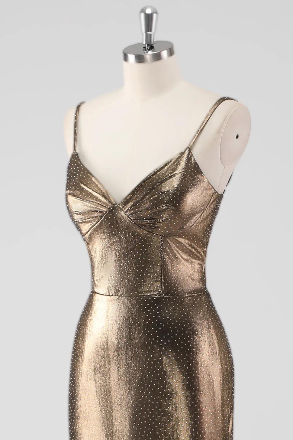 Sereia Dourada Esparguete Correias Frisado Vestido Formal Longo