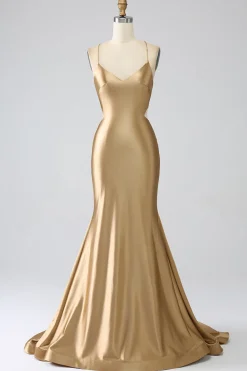 Sereia Dourada Esparguete Correias Cetim Longo Vestido de Baile com Renda-up Costas