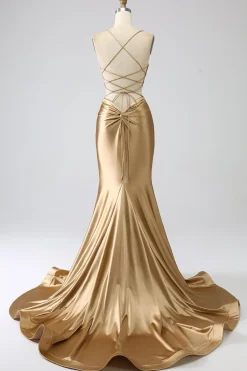 Sereia Dourada Esparguete Correias Cetim Longo Vestido de Baile com Renda-up Costas