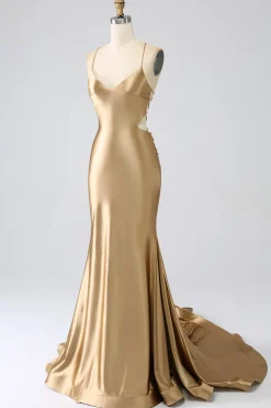 Sereia Dourada Esparguete Correias Cetim Longo Vestido de Baile com Renda-up Costas