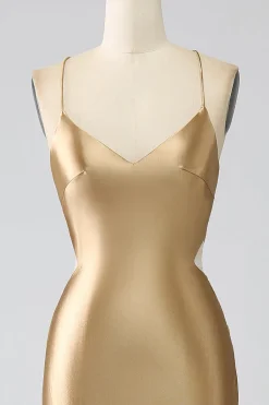 Sereia Dourada Esparguete Correias Cetim Longo Vestido de Baile com Renda-up Costas